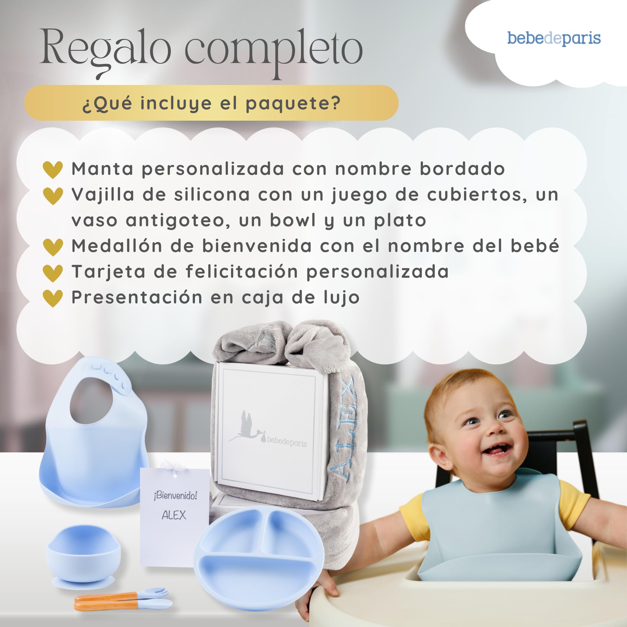 Bestickte Decke mit Namen und Geschirr aus Silikon, umweltfreundliches Geschenk für Babys, Geschenkset für Jungen und Mädchen (Geschirr + Decke, Blau) | BebeDeParis
