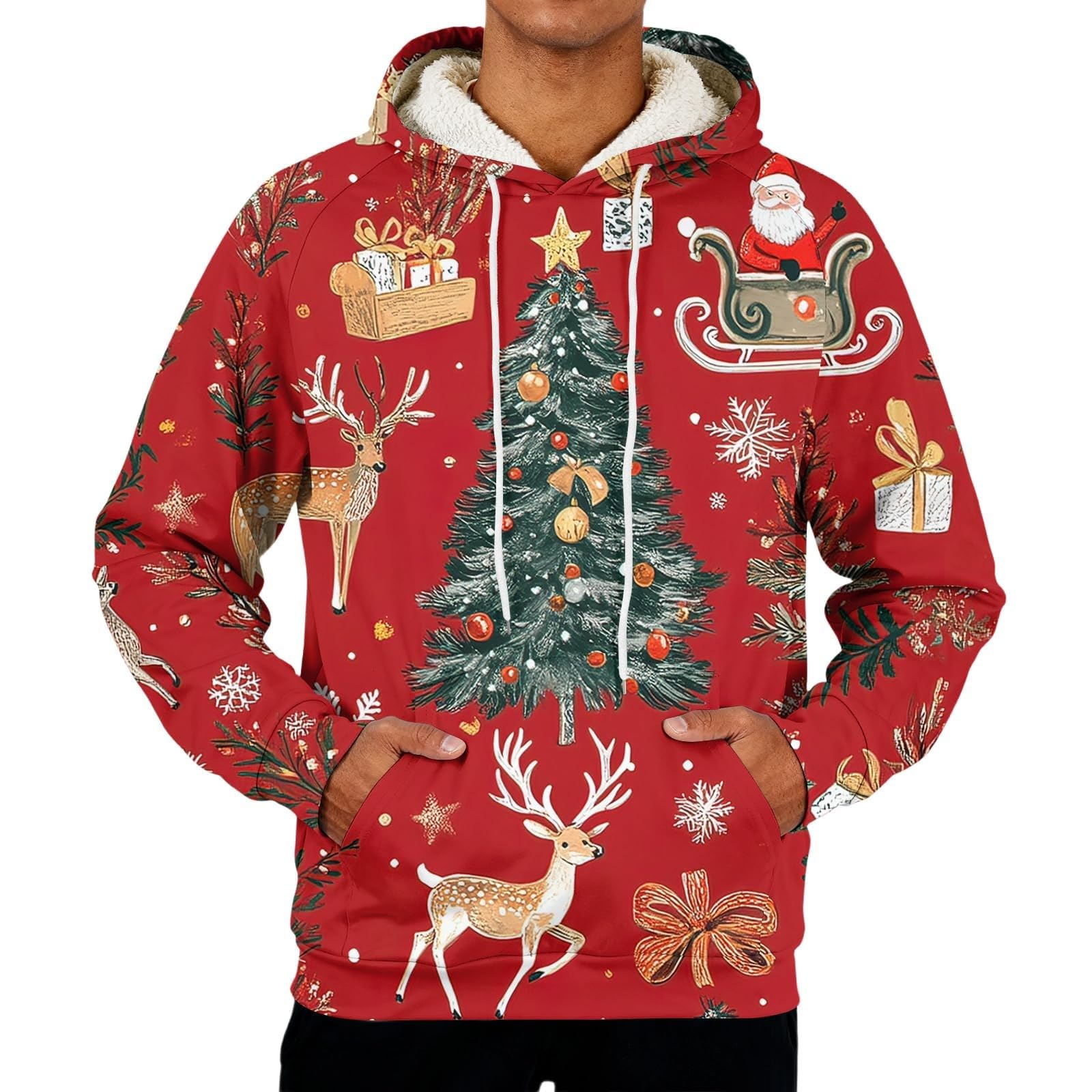 Sudadera con capucha de Navidad con forro polar para hombre, divertido Papá Noel, árbol de Navidad, sudaderas de manga larga, cálidas, disfraces de Navidad