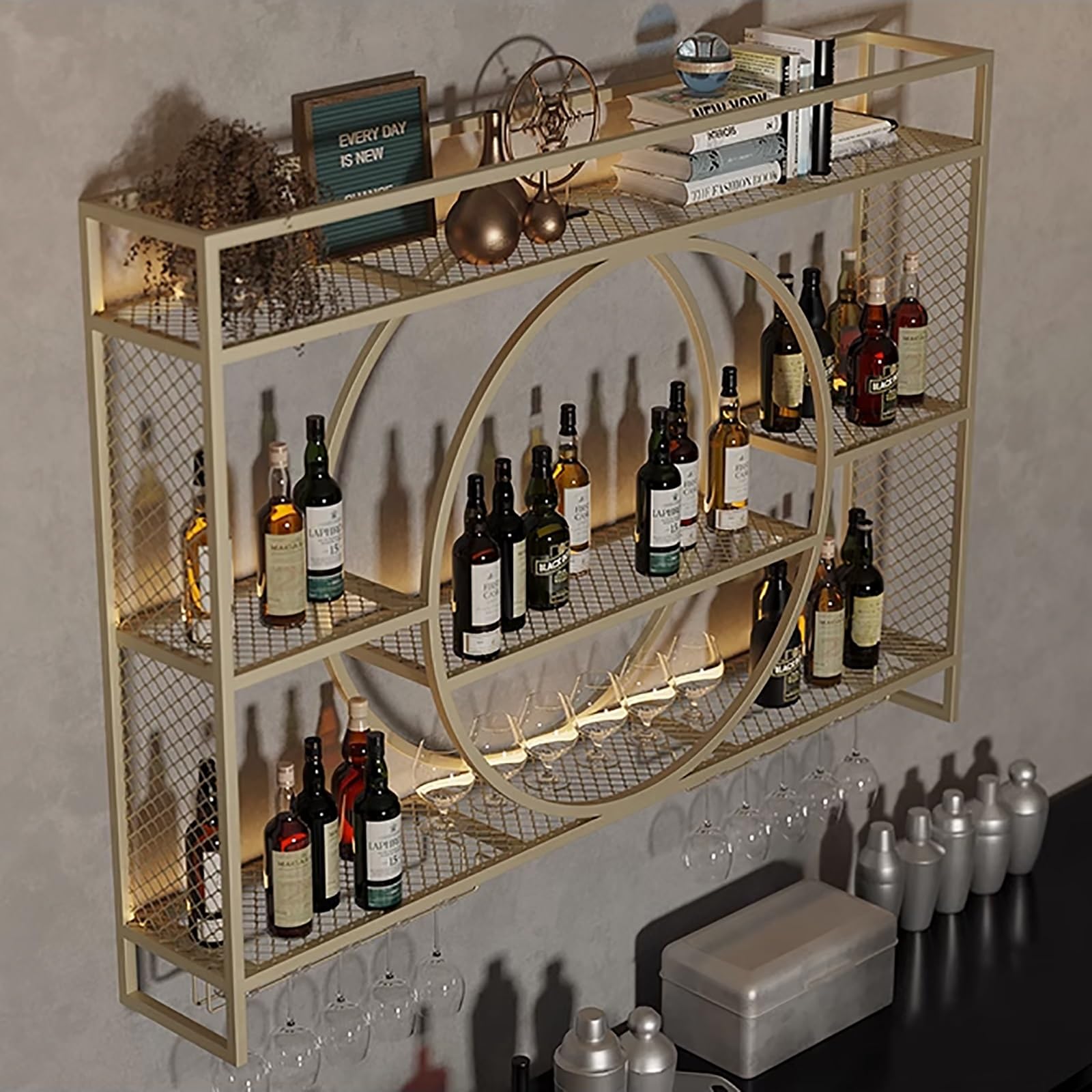 Botellero De Hierro De Estilo Industrial,Estante De Vino Montado En La Pared para Botellas,Enfriador De Vino Montado,Botellero De Almacenamiento Multifuncional,Soporte para Copas De Vino (Size