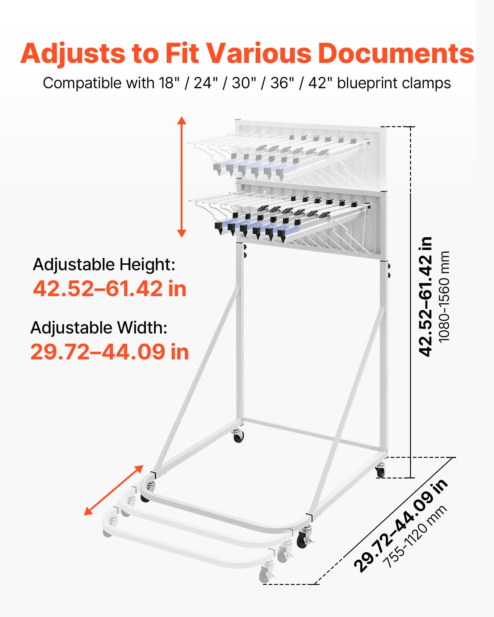 VEVOR Porta Progetti per Ufficio, Espositore Organizer in Acciaio, Mobile e Regolabile 1080–1560 mm, con 6 Morsetti in Alluminio, 4 Ruote, per Documenti Poster Archiviazione Disegni Poster a Casa