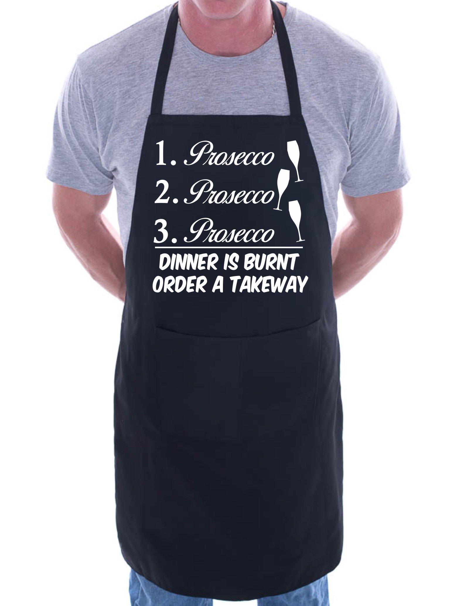 Print4u Men's Black Prosecco 123 Dinner Is Burnt Bbq Cooking Novelty Apron