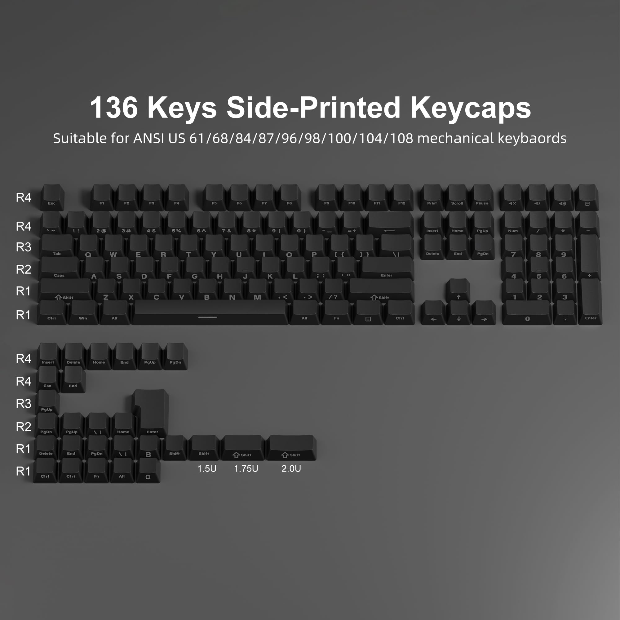 Copritasti PBT Profilo OEM 136 tasti con stampa laterale, Copritasti ANSI US personalizzati Double Shot Shine, Copritasti Neri Phantom Keyboard stile minimalista per tastiere meccaniche, Nero
