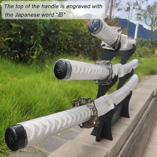 Miniatura 5 de Juego de 3 espadas samuráis japonesas con soporte de exhibición, hoja de acero al carbono Iaido Katana real para decoración de exhibición y regalo