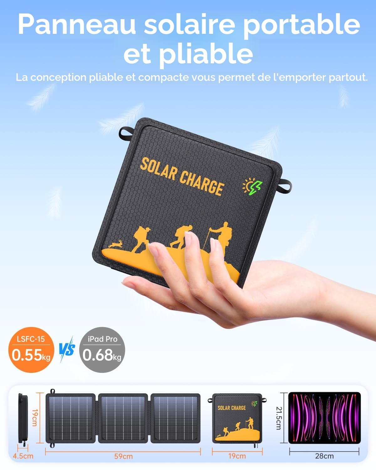 Panneau Solaire, Chargeur Solaire Portable 15W Sorties USB-C/USB Compatible avec Téléphones, Efficacité de Conversion élevée 24%, étanche IPX4 pour le Camping et les Activités Extérieures