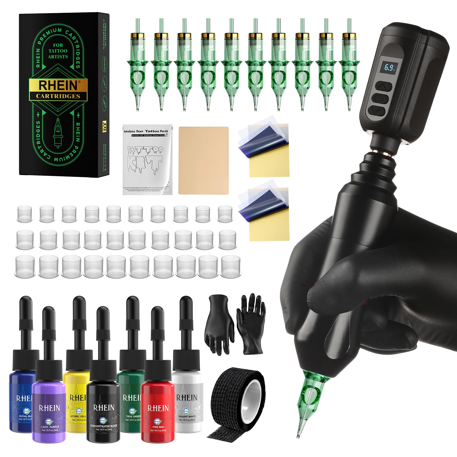 RHEIN Tattoo Maschine Set mit 1500mAh Akku Power 10PCS Tattoo Cartridges Nadeln 7 Colours Ink Komplettes Tattoo Zubehör RN-TKP6AEU-1