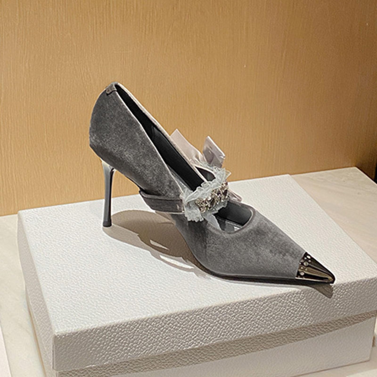 Mujer Zapatos de Tacón Lazo Rente Strass Terciopelo 9CM Sexy Stilettos Gris