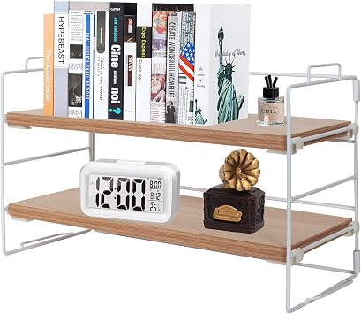 PowerKing Desk Shelf Organizer, 2-Tier Desktop Shelves with Wood Board, Adjustable Bookshelf Storage Rack for Home Office School Study Room White Frame + Original Wood