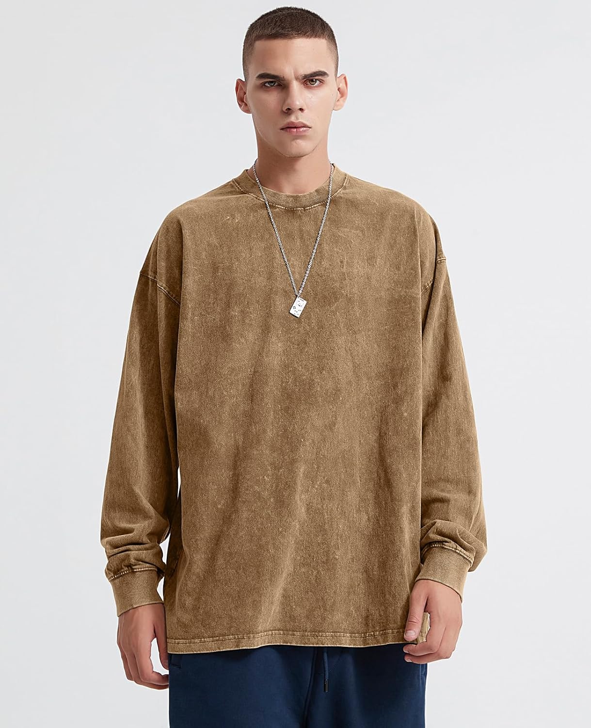 KEEPSHOWING Men's Oversized T Shirts Long Sleeve Shirts for Men Vintage Acid Wash Comfort Colors Crewneck Sweatshirt - Image 4