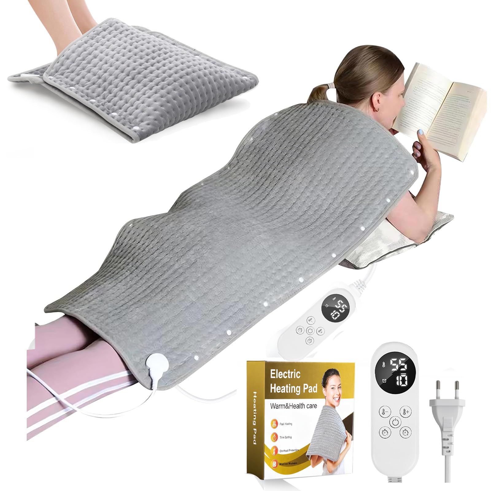 Coprimaterasso elettrico riscaldato 100x50 cm, scaldapiedi 2 in 1 - Coprimaterasso termico per un calore avvolgente - Con 9 impostazioni di calore (25-55 °C) e 4 timer, lavabile - Per casa e ufficio