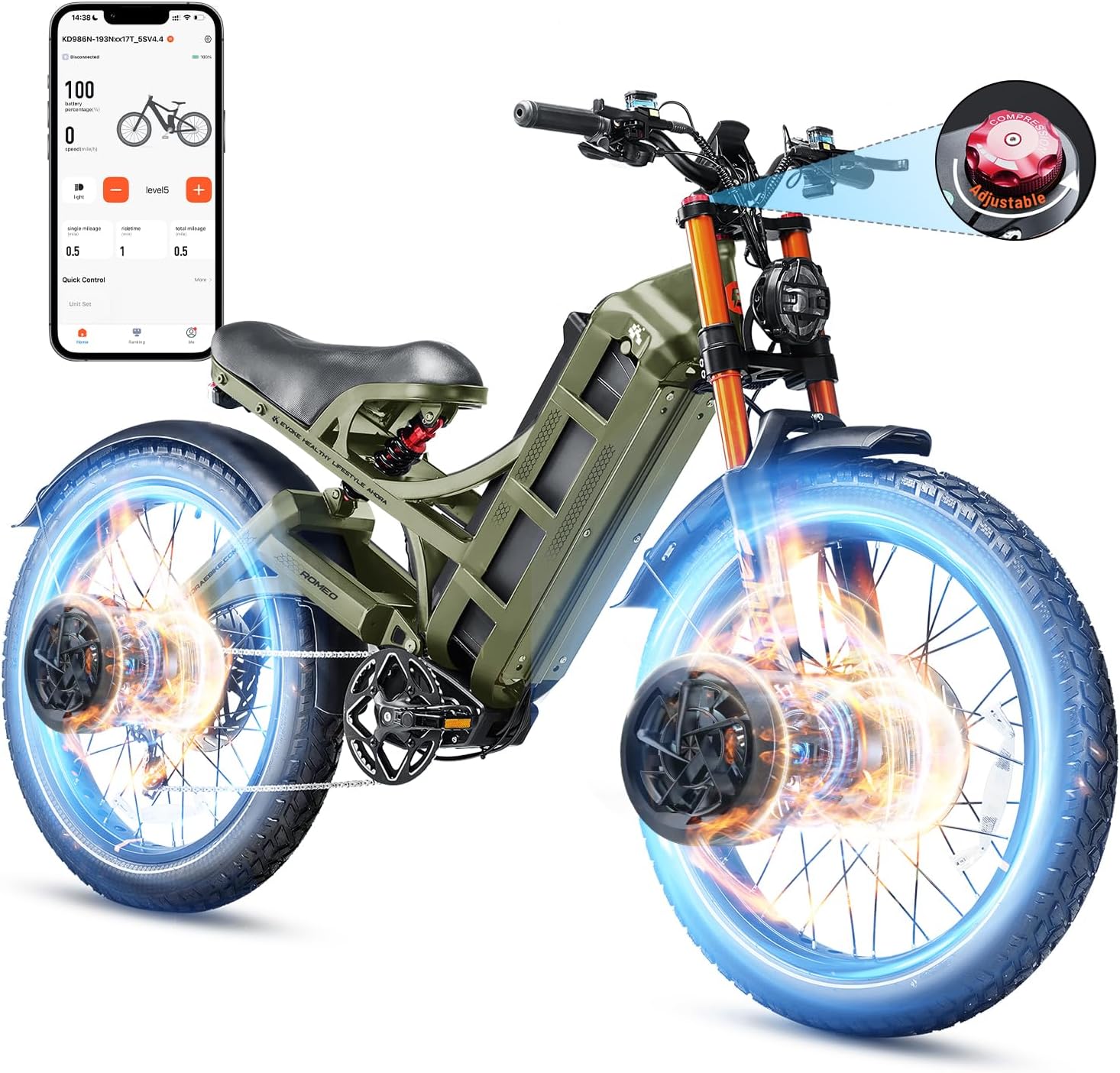 eAhora 2025 Romeo Pro 3/ Pro 2 5600W/ 4000W 50/46MPH Dual Motor Electric Bike for Adults, 80/70Ah/200+ Miles Long Range Electric Bike, 26'' Puncture-Proof Tire, 7-Speed Pedal Assist UL Certificate