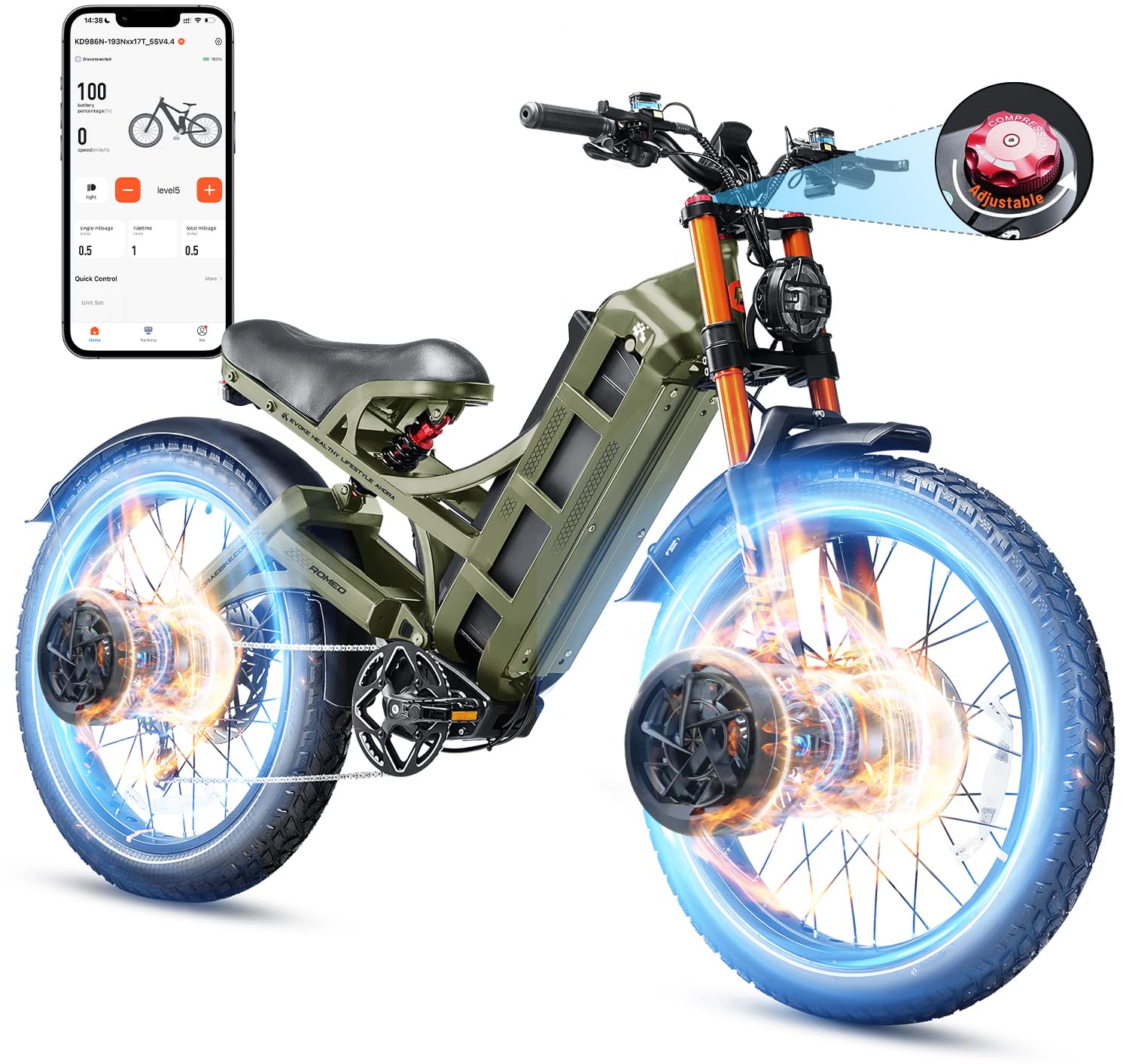 eAhora 2025 Romeo Pro 3/ Pro 2 5600W/ 4000W 50/46MPH Dual Motor Electric Bike for Adults, 80/70Ah/200+ Miles Long Range Electric Bike, 26'' Puncture-Proof Tire, 7-Speed Pedal Assist UL Certificate