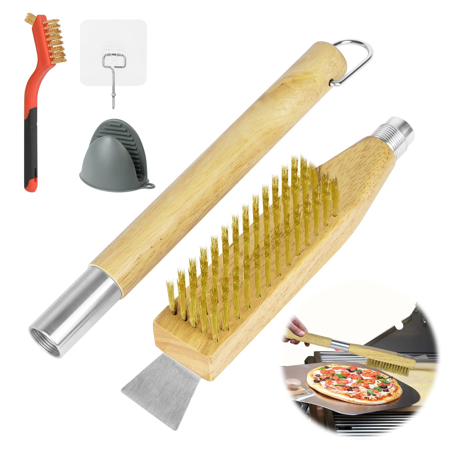 OFFCUP Pizzaofen Bürste 50cm mit Stahlschaber und Kratzfeste Messingborsten Grillbürste, Holzgriff Pizzastein Bürste Set Grill Reinigungsbürste für Gasgrill Holzkohlegrill