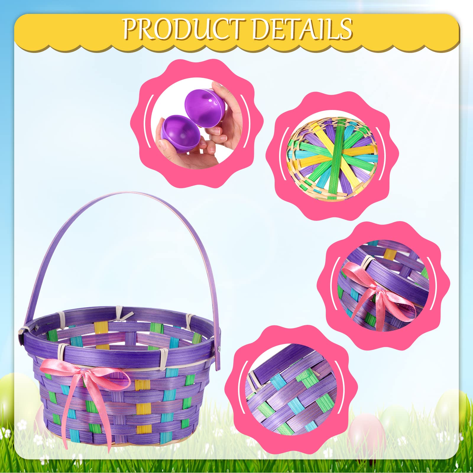 Il set di cestini pasquali in bambù intrecciato con manici include cestino rotondo pasquale, brandello d'erba, uova di Pasqua riempibili in plastica, nastro di raso colorato, sacchetto di plastica