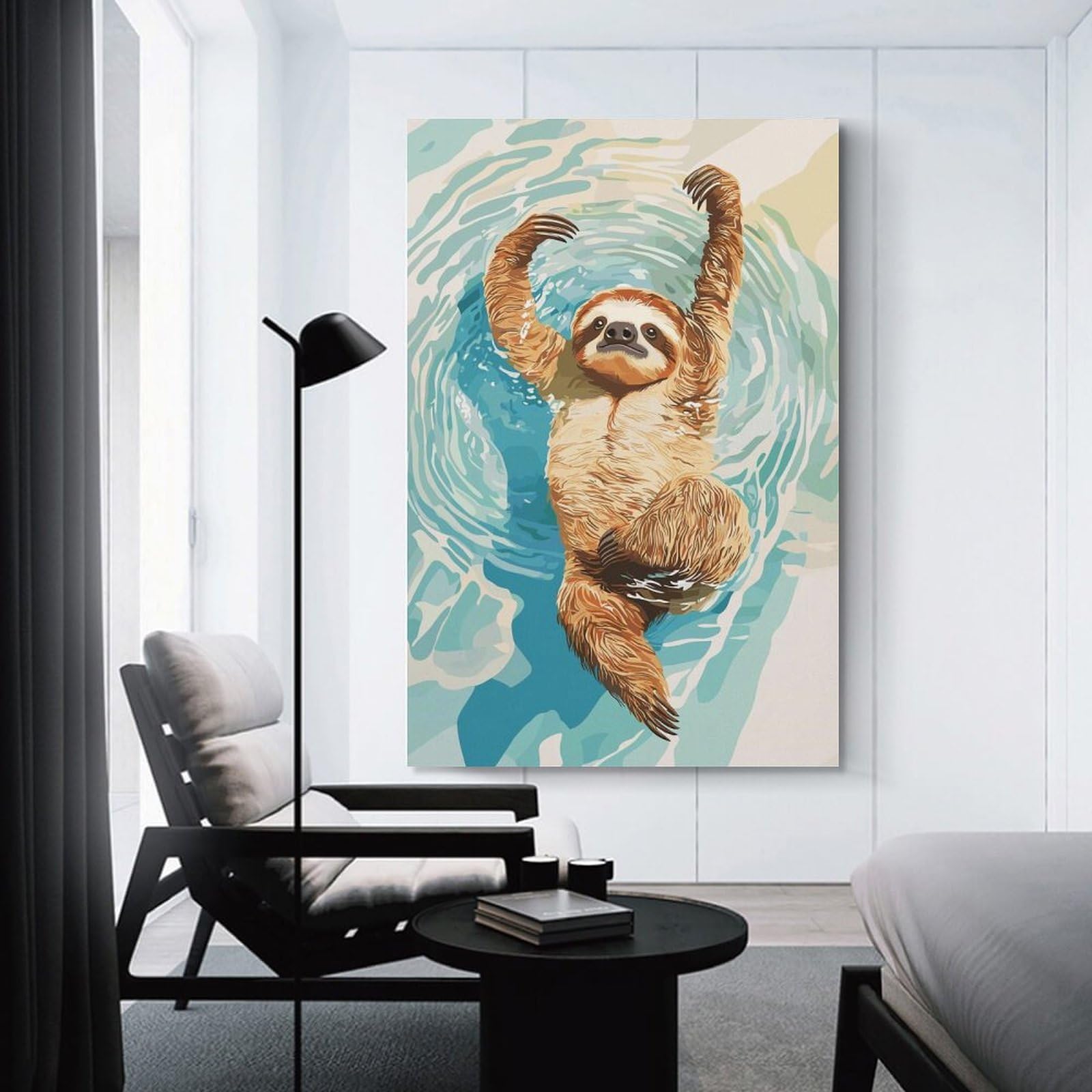 Junmoney Home Decor Wall Art Sloth Swimming in Water Illustration, 20x30inch(50x75cm), for Flats, Guest Rooms Or Compact Rooms, Wall Decor with Flexible Room Appeal