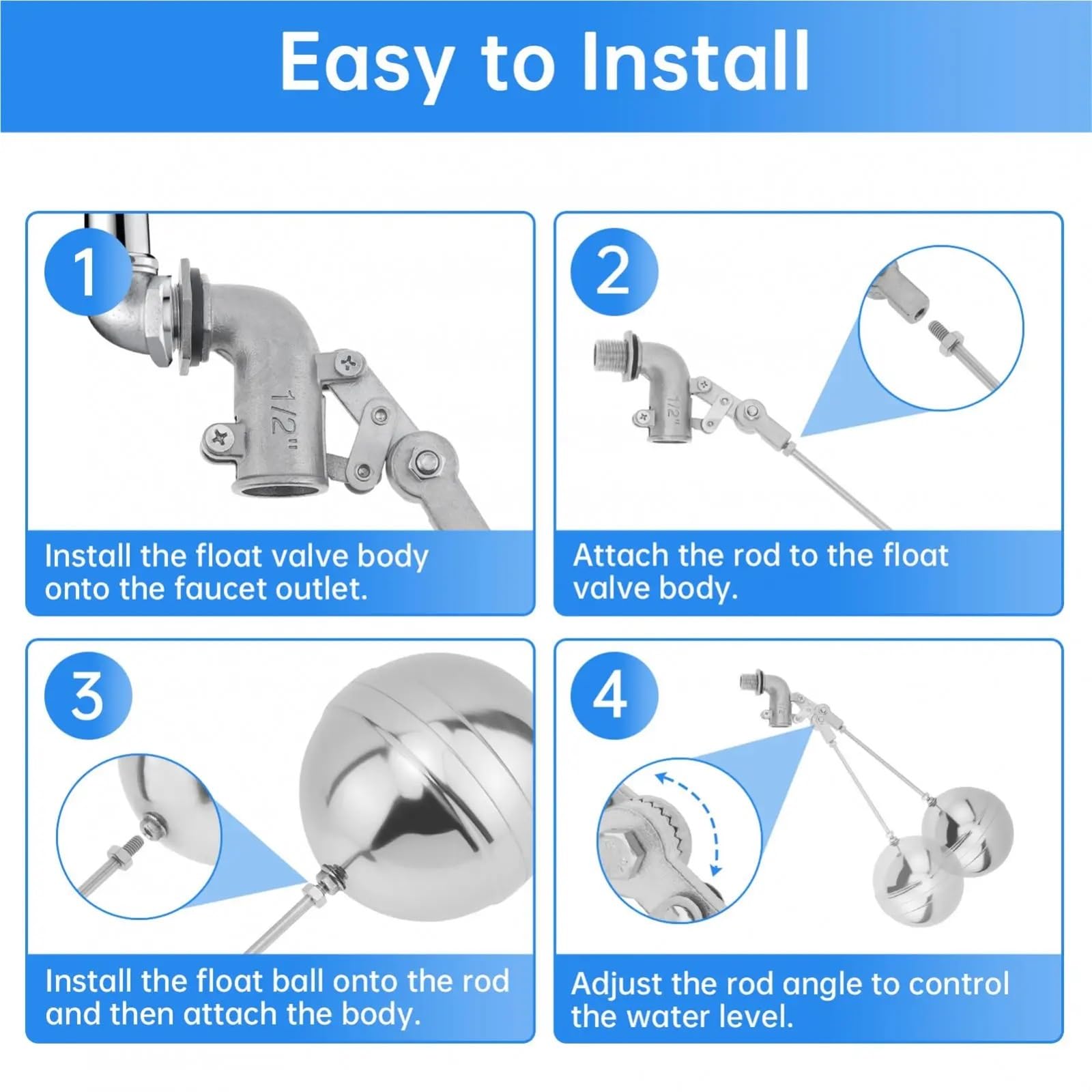 2 válvulas flotantes ajustables de acero inoxidable de 0.5 pulgadas para tanque de agua, equipo de ganado, bola de control automático de nivel