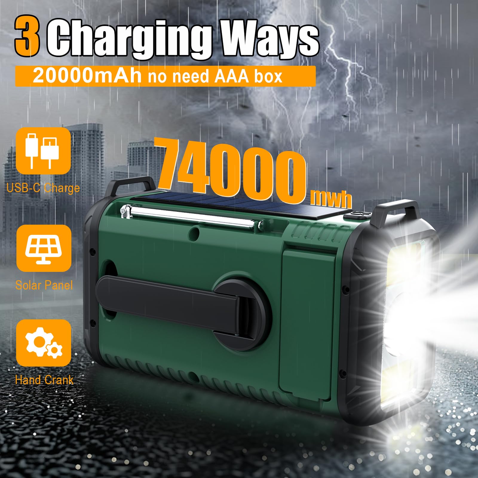 Radio meteorologica di emergenza, 20000 mAh, NOAA/AM/FM, radio a manovella con ricarica USB, alimentazione a batteria ricaricabile, allarme SOS, lampada da lettura a LED e torcia per emergenze, per