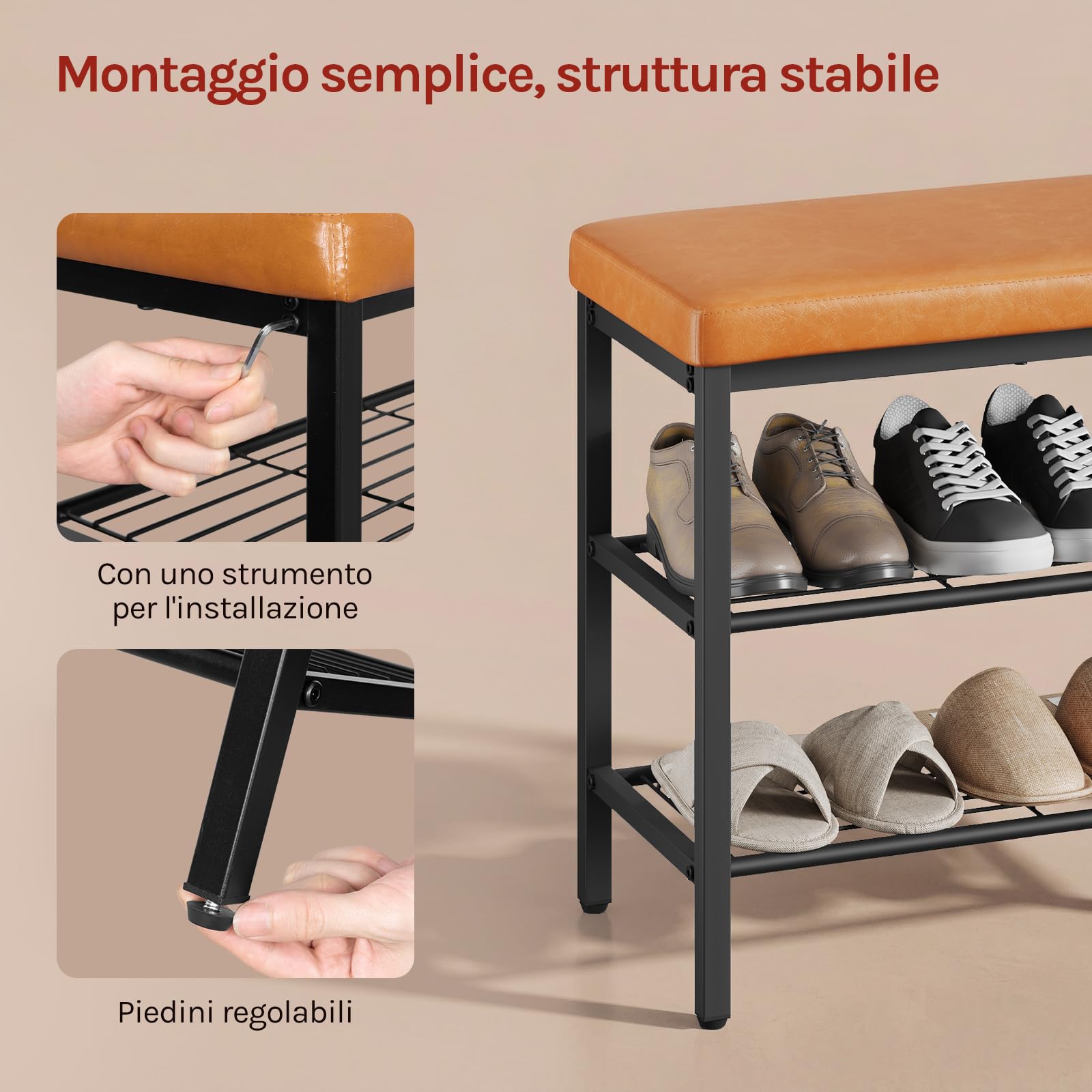 WOLTU Panca Scarpiera da Ingresso con 2 Ripiani, Portascarpe Salvaspazio, Struttura Metallica, Cuscino con Rivestimento in Pelle Sintetica, per Corridoio, Soggiorno, 100x30x50 cm, Marrone