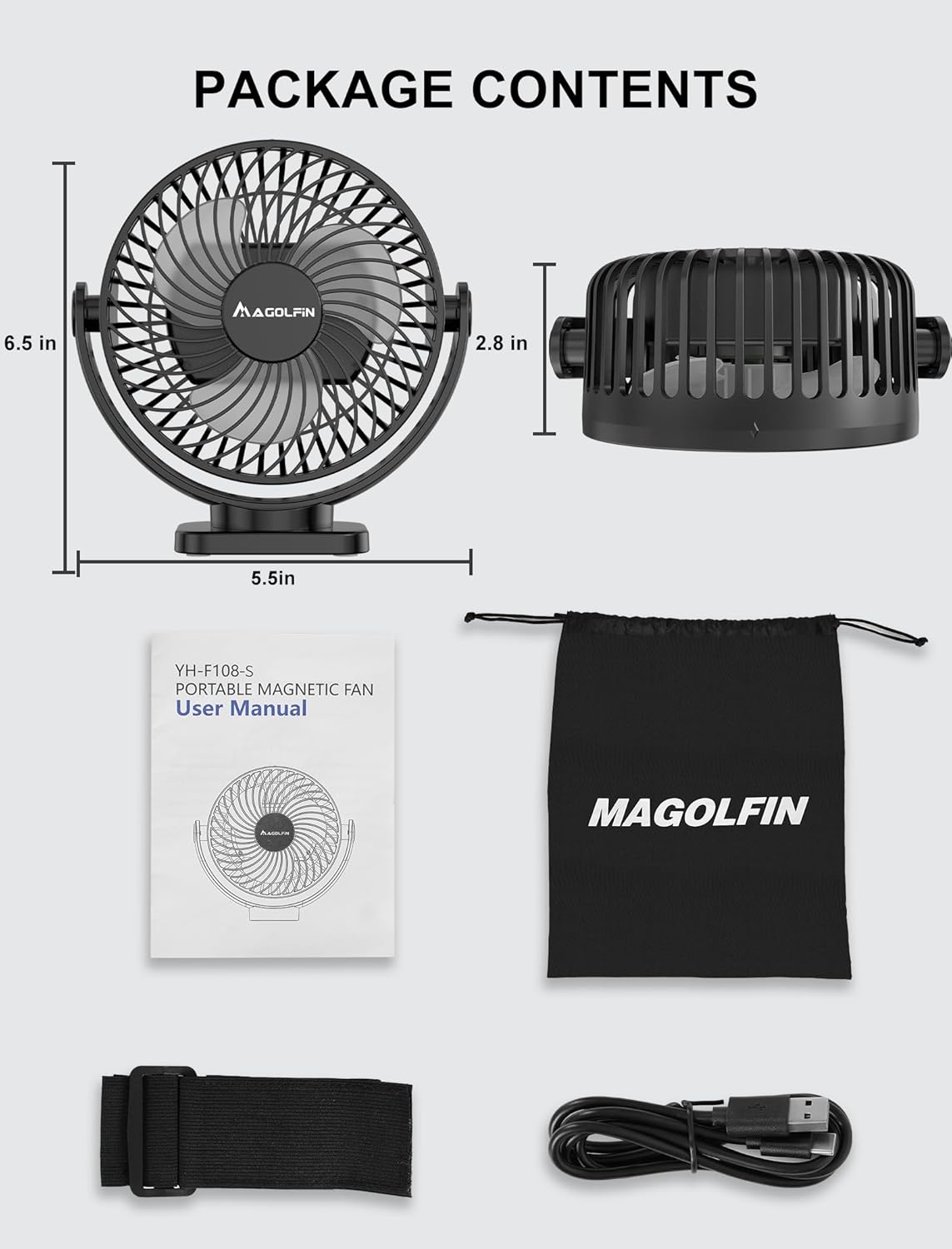 [Upgraded 2X Magnet] 1-Pack Magnetic Golf Cart Fan Rechargeable, 12000mAh Battery Operated Portable Fan with 3 Speeds, Light, Magnetic Base, Suitable for EZGO Club Car Yamaha, Golf Cart Accessories