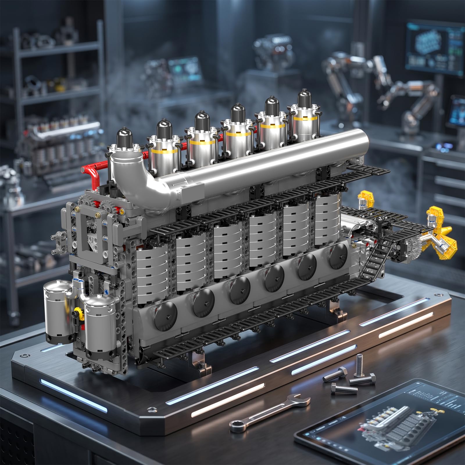 Mould King 10209 Technik Reihensechs-Zylinder-Flugzeugträger-Motor-Baustein-Modell | Elektrische Verbindung des Sechs-Zylinder-Schiffsmotors | Doppelpropeller-Übertragungs-Demonstration（3222+Teile）