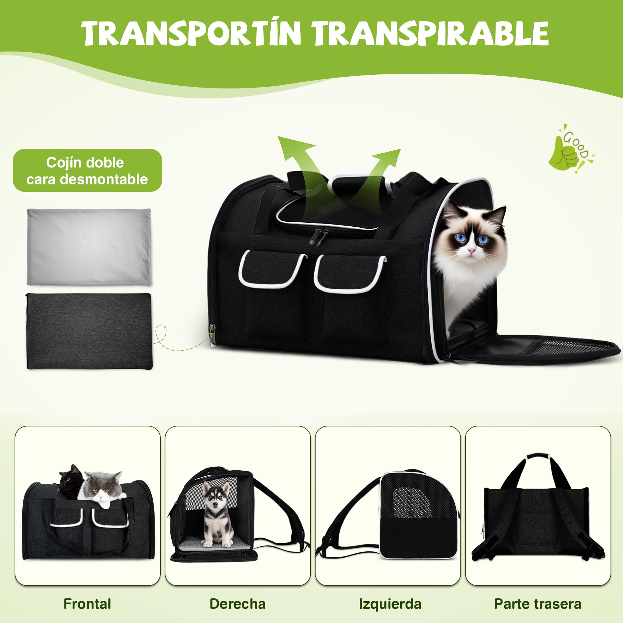 ALLSOPETS Mochila Plegable para Gatos Grandes y Perros Pequeños, Transportín Transpirable con Cojín Extraíble y Bolsillos, Mochila de Viaje para Mascotas hasta 10 kg (Negro Tinta, L)