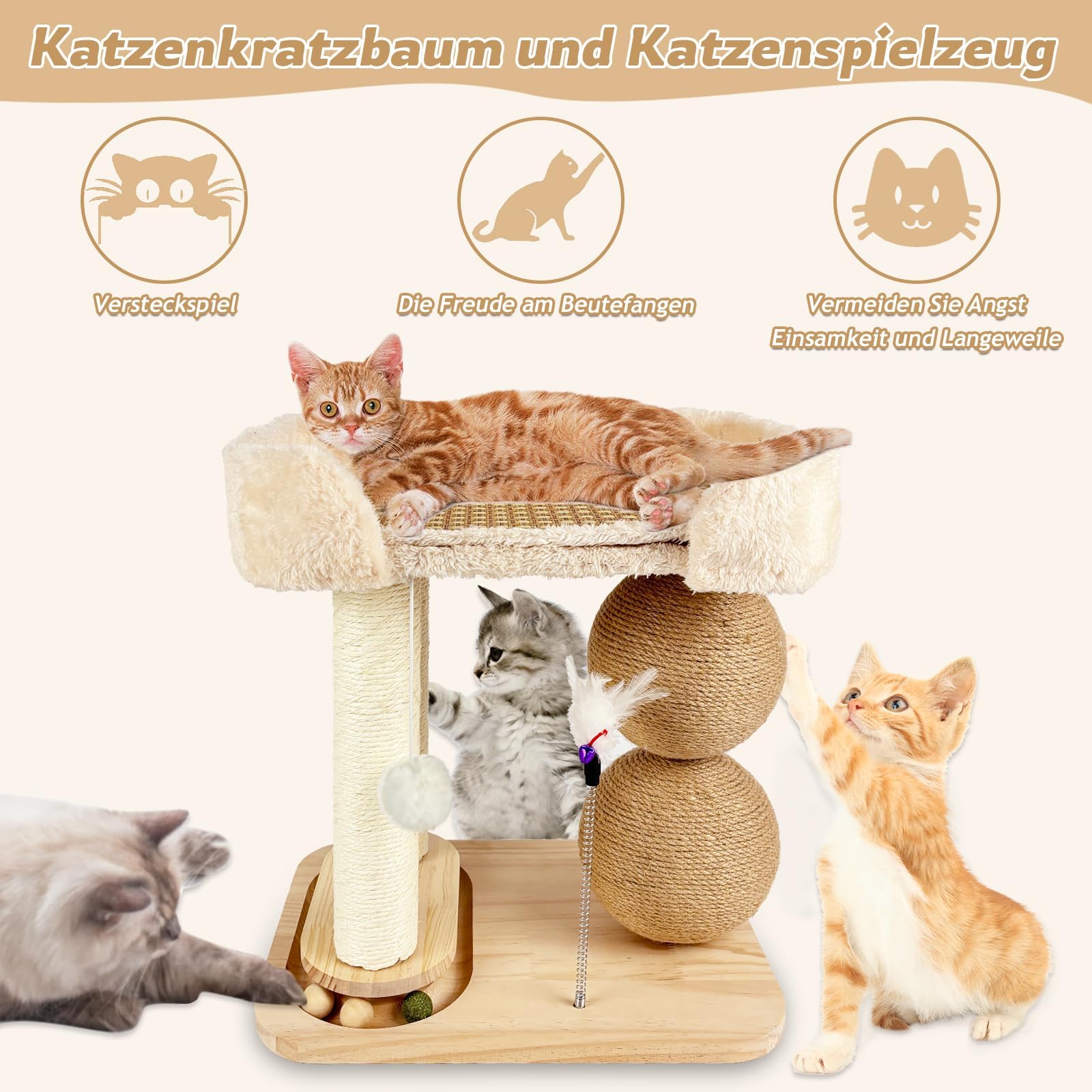 Juguete interactivo para gatos de madera 6 en 1, muebles para gatos con bolas colgantes, bola giratoria Smart Track Ball, alfombrilla de refrigeración para cama de gatos, plumas, árbol rascador de