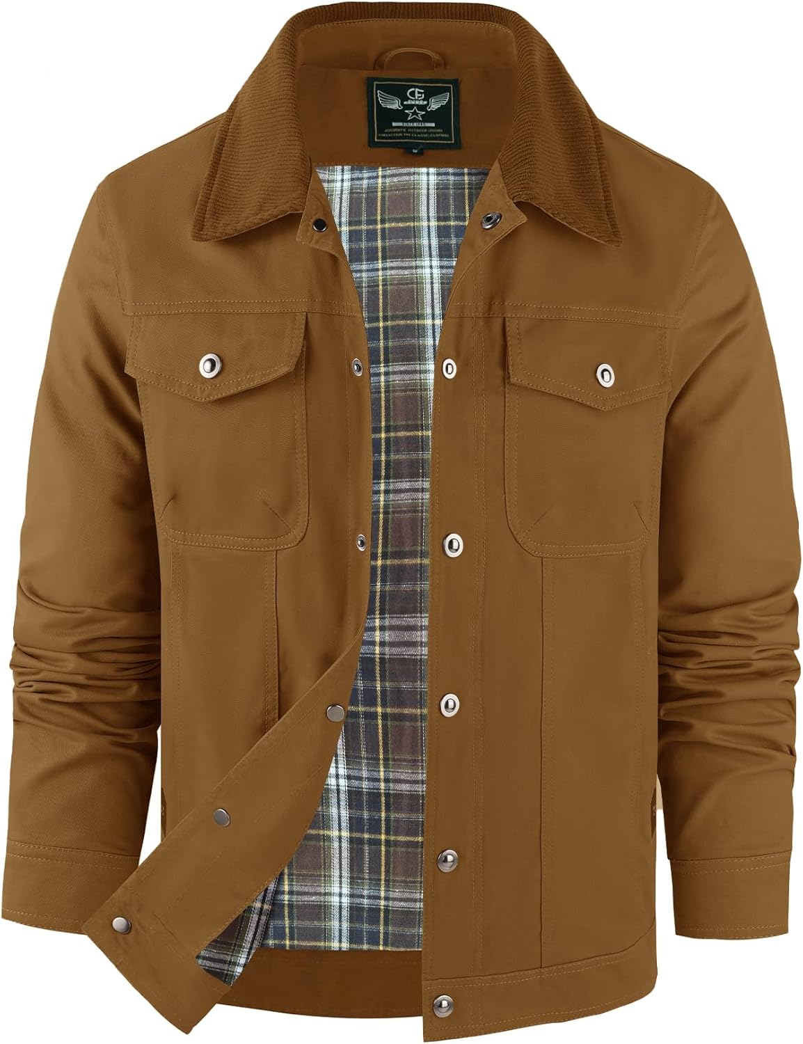 Flygo Mens Flannel Lined Shirt Jacket Cotton Corduroy Turndown Collar Snap Button Rugged Cargo Trucker Jacket with Multi-Pockets(Brown-XL)