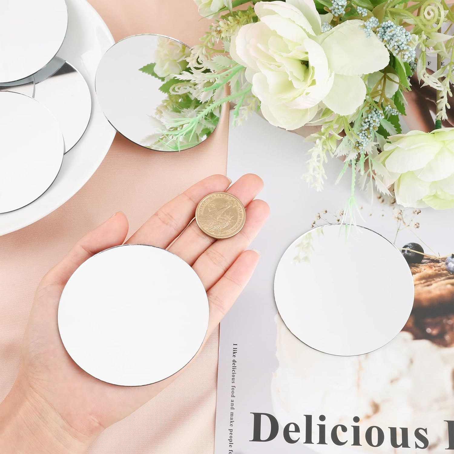 SUPERFINDINGS 30Pcs 3x0.06Inch Small Circle Mirror Tiles White Mini Round Glass Mirror for Arts Crafts Projects Traveling Framing Decoration