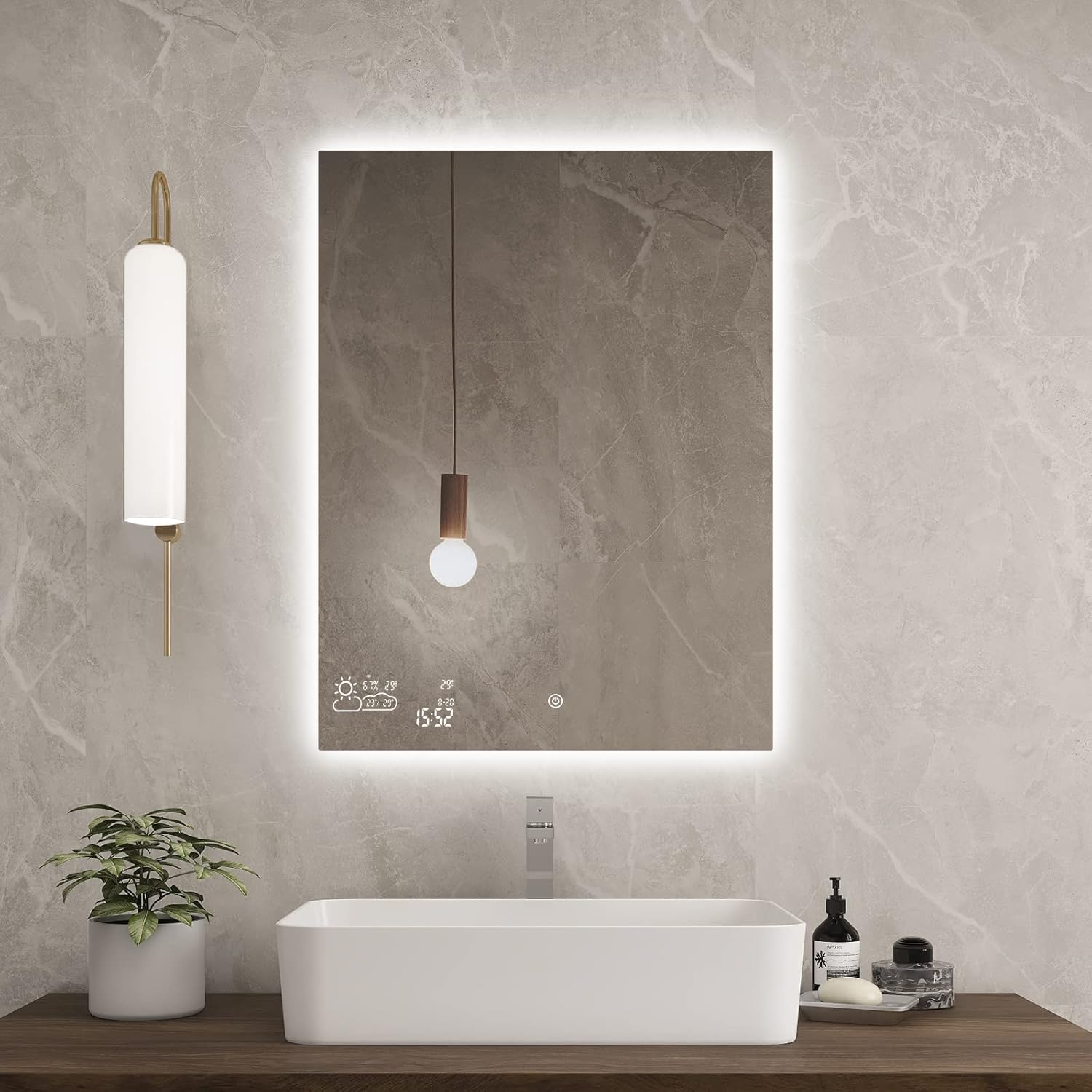 BYECOLD Smart Mirror, 24x32'', LED Mirror for Bathroom, Weather & Date & Temp & Humidity Display, Anti-Fog, Backlit, Mirror with Light, 2 Colors, Wall Mounted Mirror-Vertically Only Vertical-24"W x 32"H