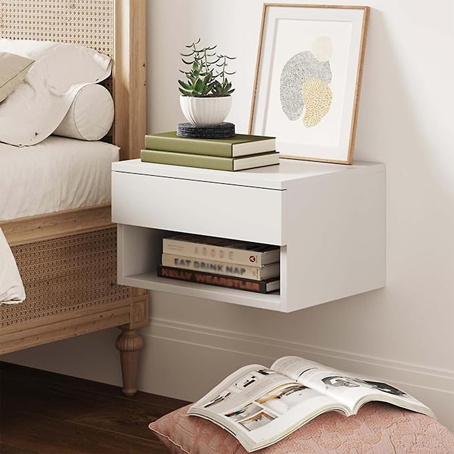 Table de chevet flottante blanche (lot de 2) avec armoire bois pour chambre