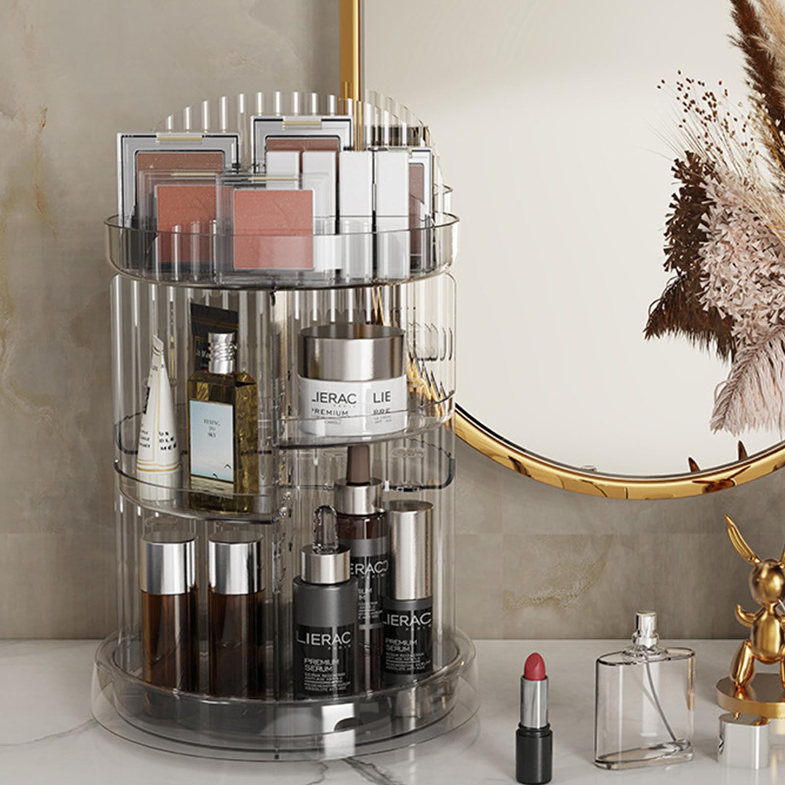 Organizer per cosmetici girevole, 25,6 x 32 cm, in plastica, con scomparti multipli, ideale per gli amanti del trucco rotante (trasparente)