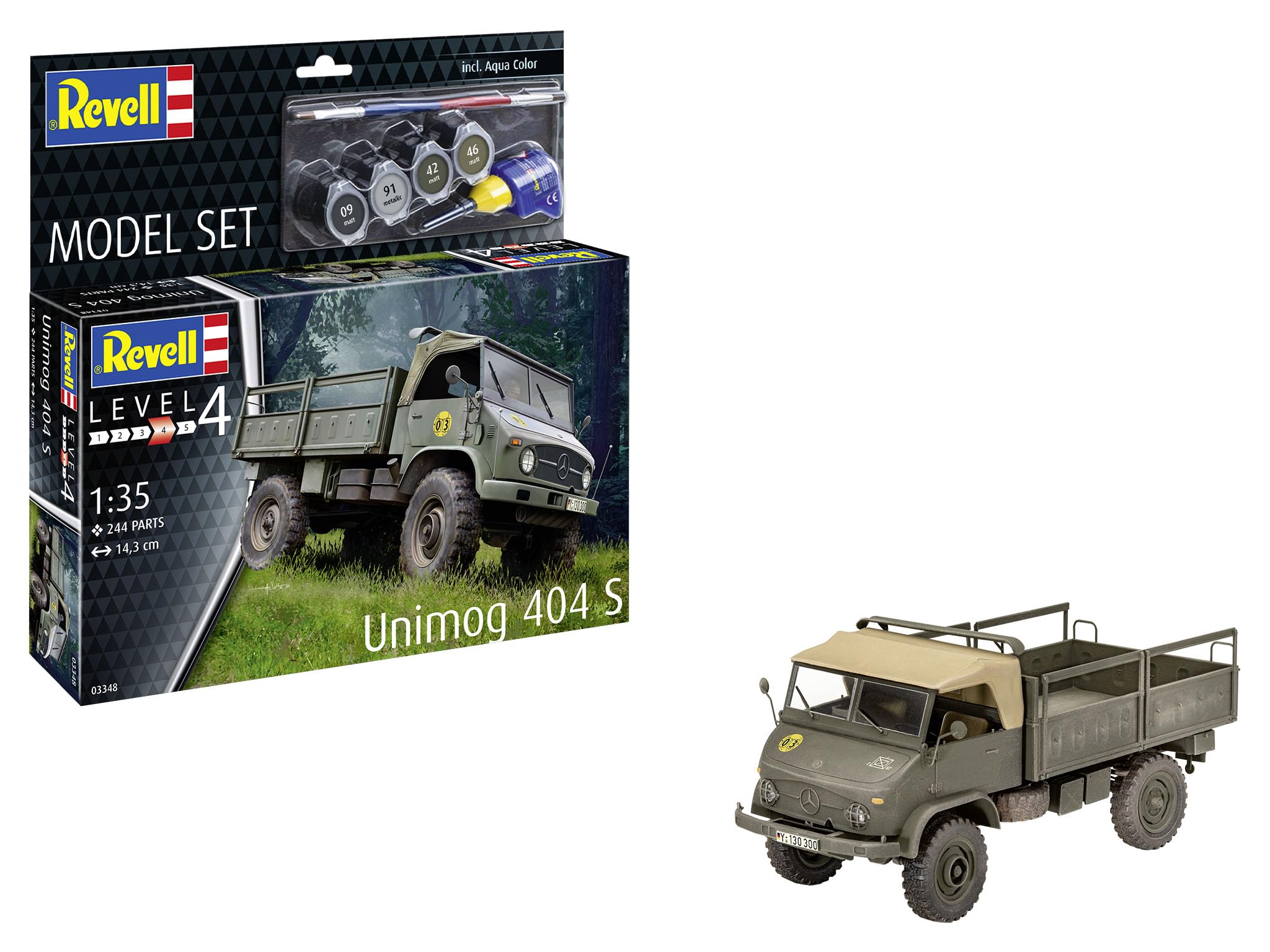 Revell Zestaw modelarski Unimog 404 S | uniwersalny pojazd na wszystkie koła z lat 50. XX wieku, szczegółowe podwozie i kabina kierowcy, w zestawie klej i pędzel