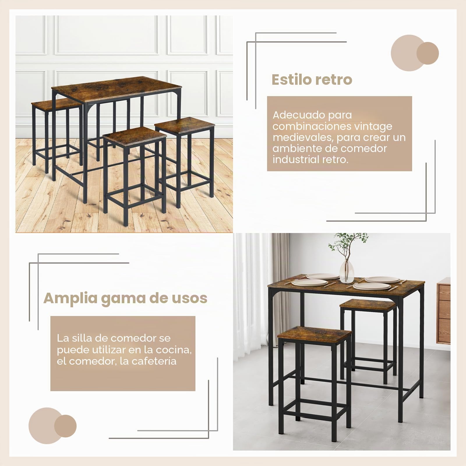 Juego de mesa de comedor y silla, mesa de bar con 4 sillas, cocina, salón, mostrador de bar, estructura de acero, diseño industrial, mesa de bar 100 x 60 x 90 cm, silla de bar 30 x 40 x 65 cm,