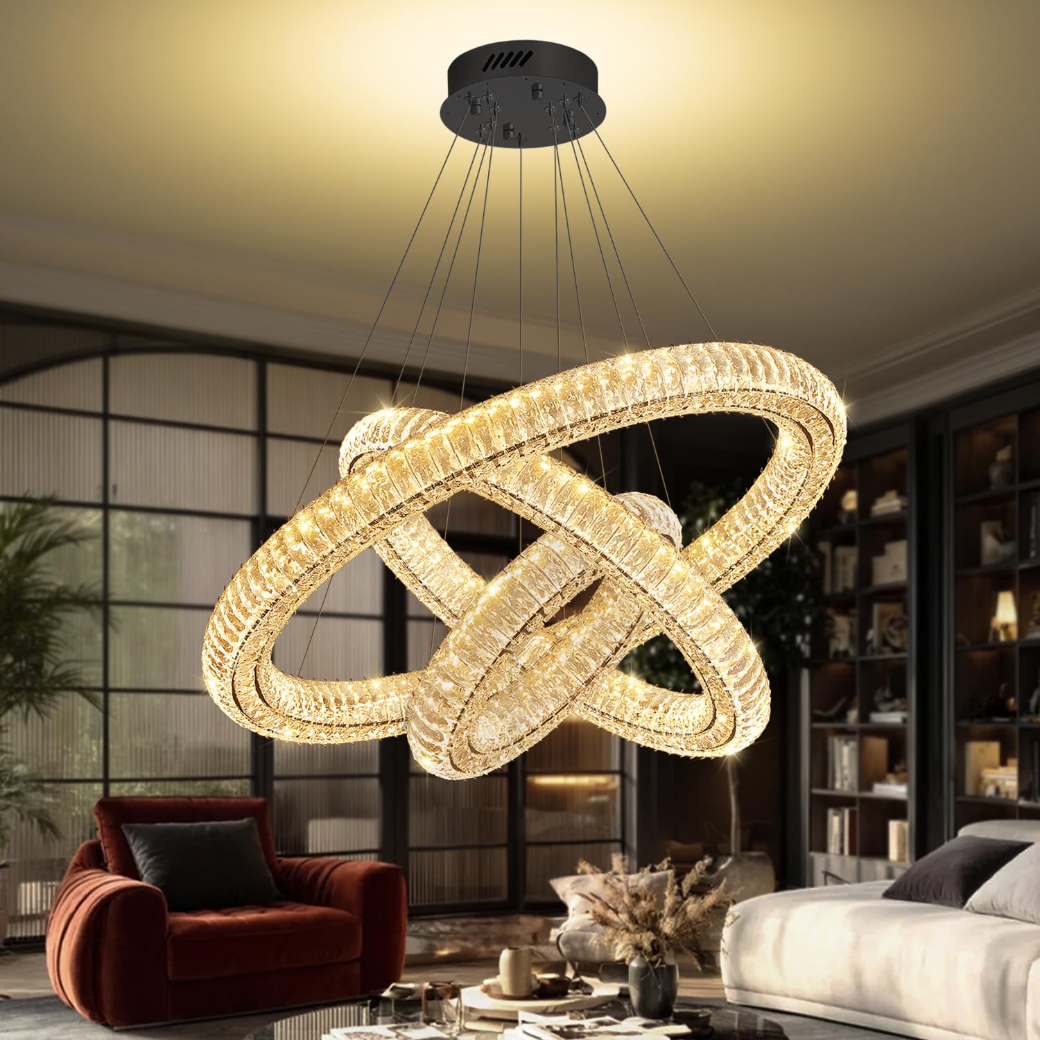 IDEQUY 3 Ring Chandelier for Living Room Black Crystal Ring Chandelier for High Ceiling Foyer LED Dimmable 3000-6000K D32''+D24''+D16''