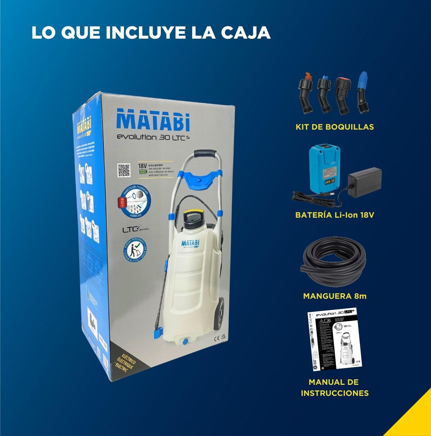 Matabi 30LTCS Pulverizador Eléctrico -Carro de 30 LT- Batería 18V - 5,5 Bar | Control Electrónico - 4 Boquillas - Manguera 8m - Sulfatadora Batería Autonomía hasta 150L - Manilla Inox - Con Ruedas