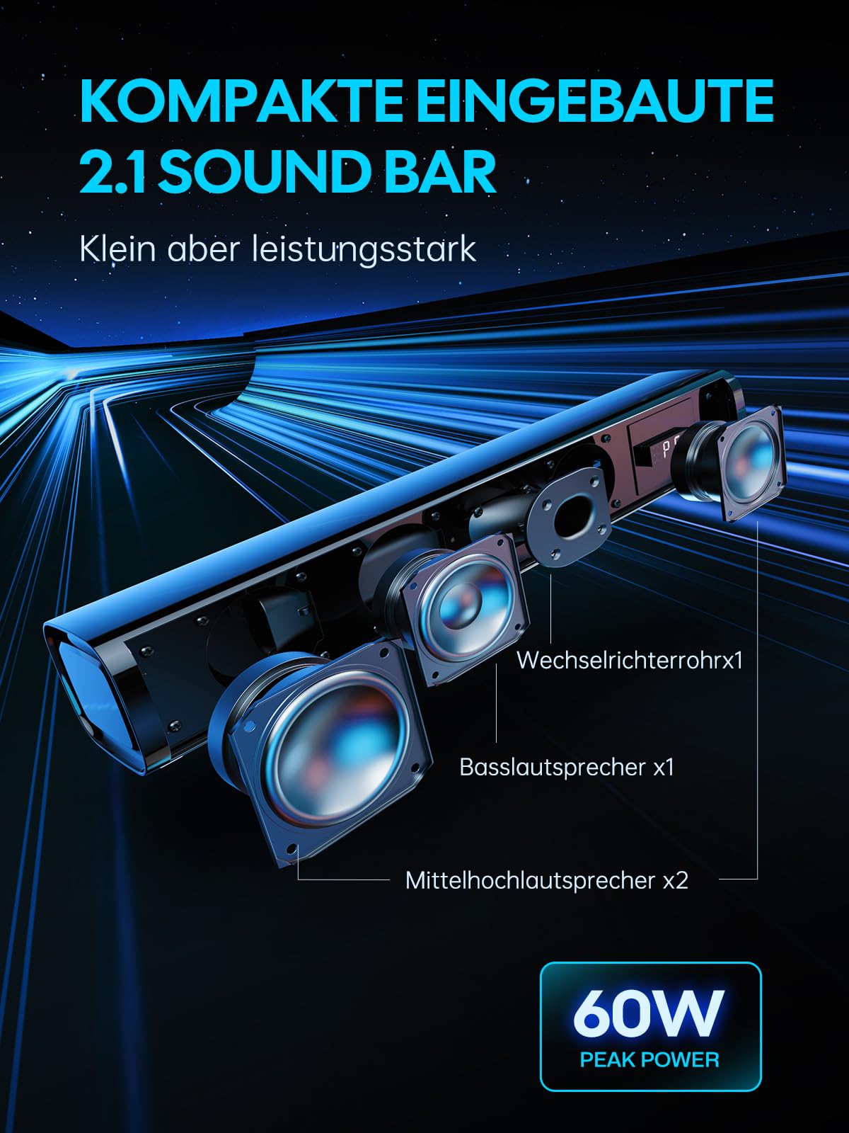 2.1 Channel Mini Soundbar for TV Devices with Integrated Subwoofer, All in One Small Soundbar, 60 W TV Speaker for PC/TV/Projector with USB Sound Card/Optical/AUX/BT5.4, Compatible PS5