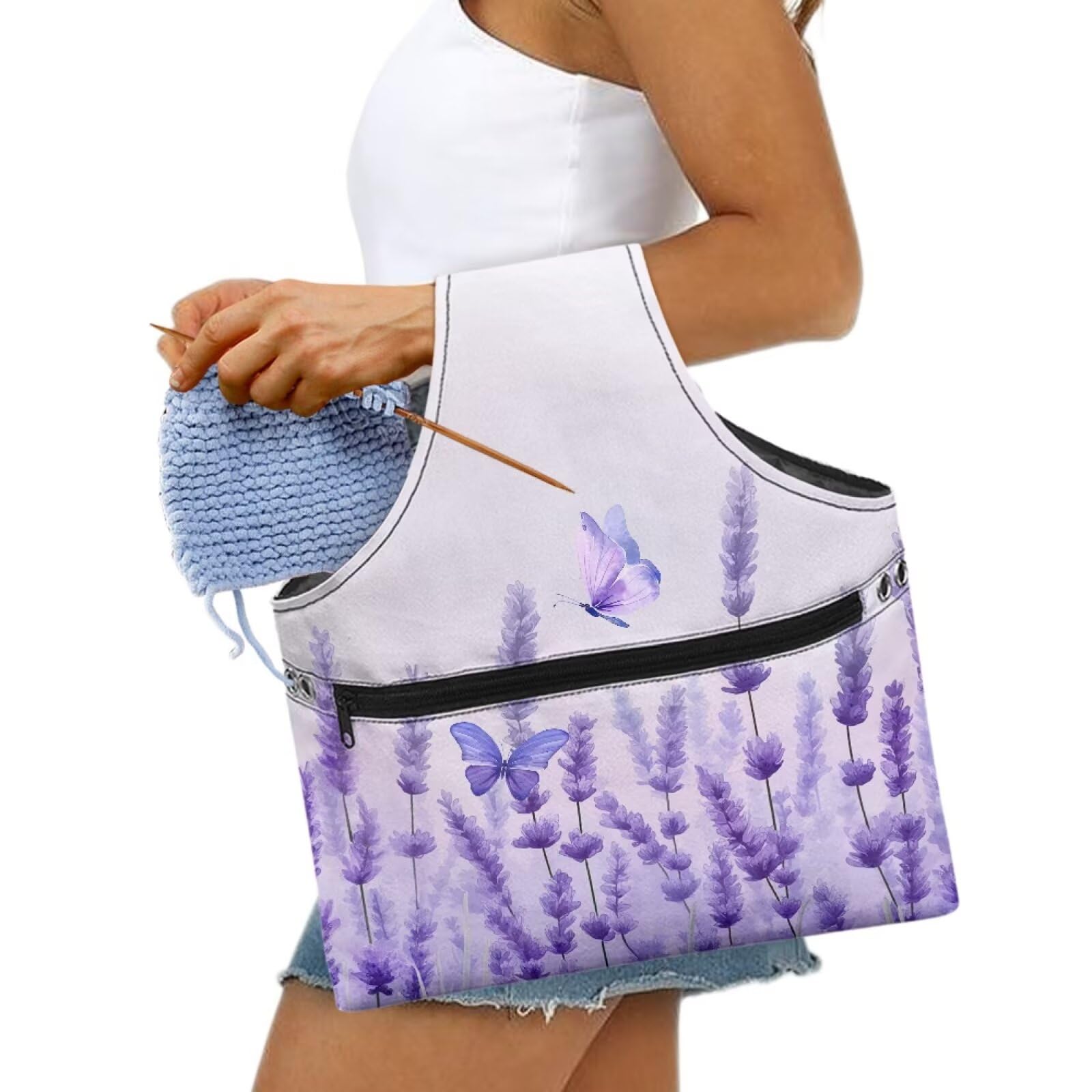 ASQVTIFE Purple Butterfly Yarn Tote Bags Large Crochet Storage Bag for Women Girls at Home Lavender Yarn Bags for Crocheting On The Go Organizer Knitting Accessories with Front Zipper Pocket - Image 3