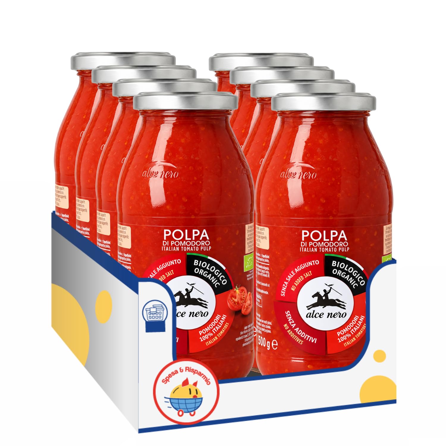 Polpa di Pomodoro Italiano a Cubetti Biologica, Senza Sale Aggiunto e Senza Additivi, Ideale per Sughi, Pizza e Ricette, Bottiglia da 500 g, Variazioni 4/8/12 Pezzi (12 PEZZI)