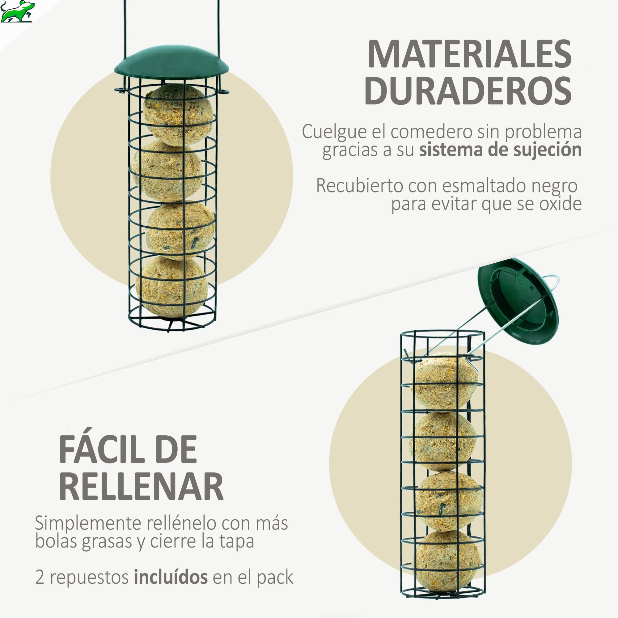 Mice&Co Comedero Pájaros Bolas de Grasa Exterior - Alimentador Aves Silvestres Colgante Recargable para Jardín con Bolas Sebo | Pack Completo