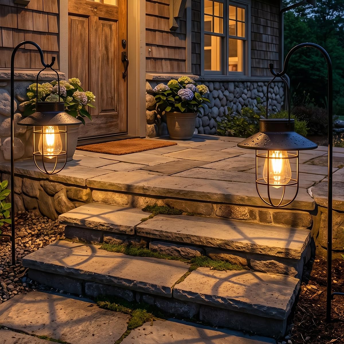 Lanterna nera olare, da appendere, da giardino, con lampadina Edison, confezione da 2 pezzi, include gancio da pastore, regalo ideale per donne, mamma, nonna, esterni, per cortile, patio, cortile