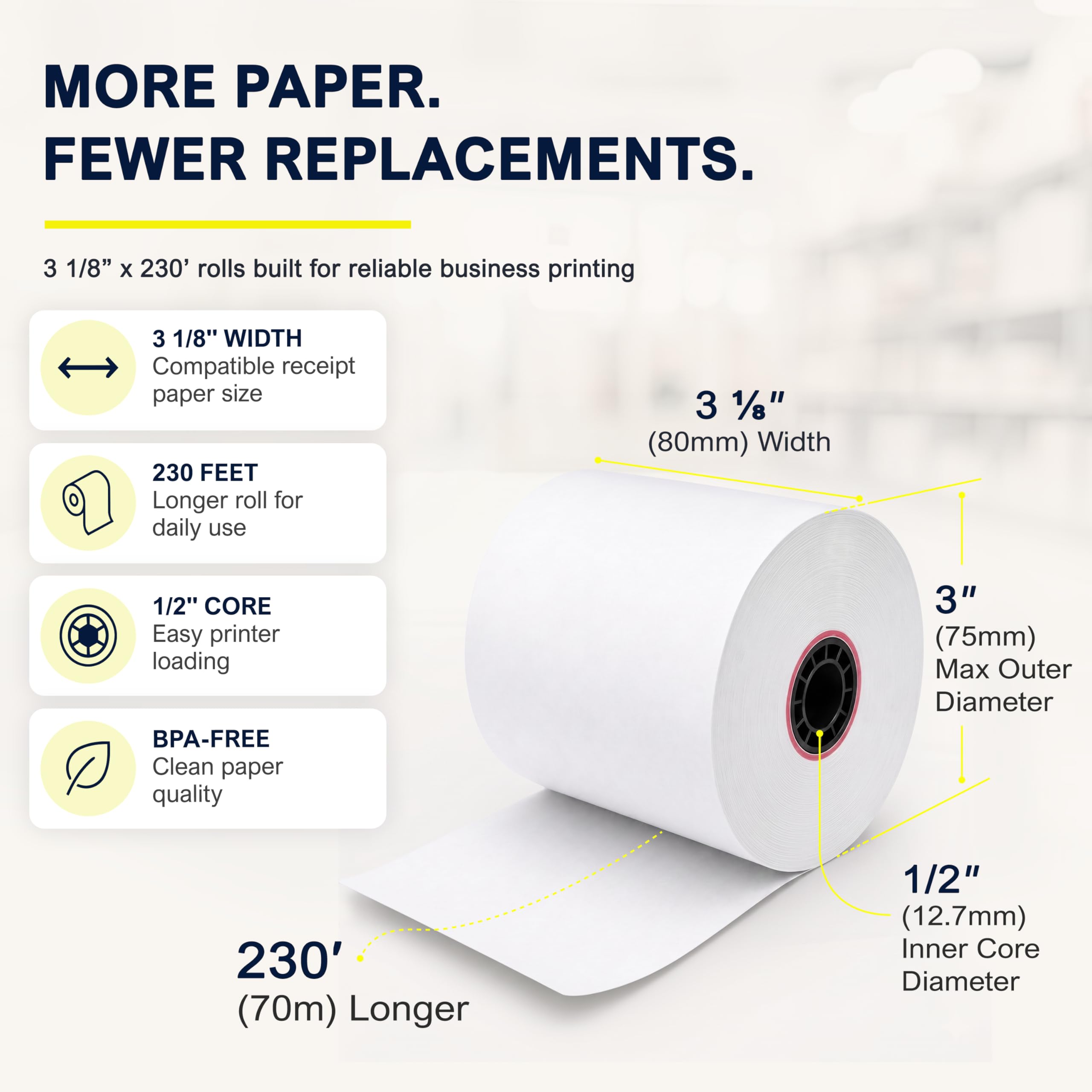Rollo de papel de recibo de 3 1/8 x 230 para sistema POS cuadrado conectado a la impresora térmica Star Micronics (paquete de 06 rollos)