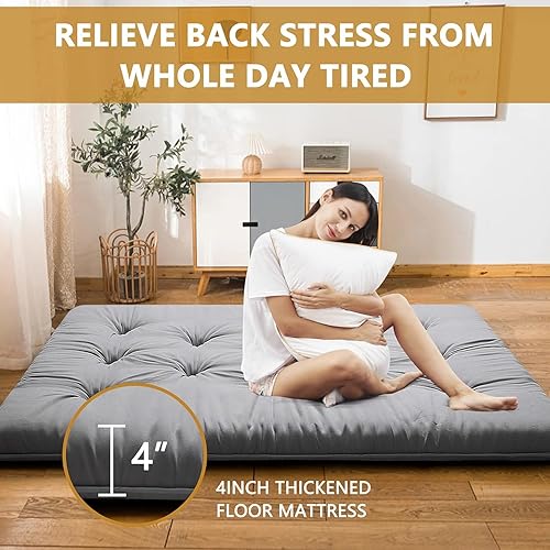 Miniatura 4 de ROKOK - Colchón de futón japonés tamaño matrimonial, cama elástica y gruesa de 4 pulgadas, espuma enrollable portátil y plegable, tapete de tatami