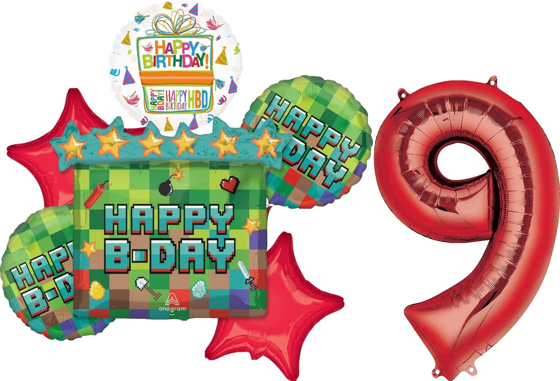 Miner Theme 9th Birthday Party Supplies Video Gamer Pixel TNT Balloon Bouquet Decorations