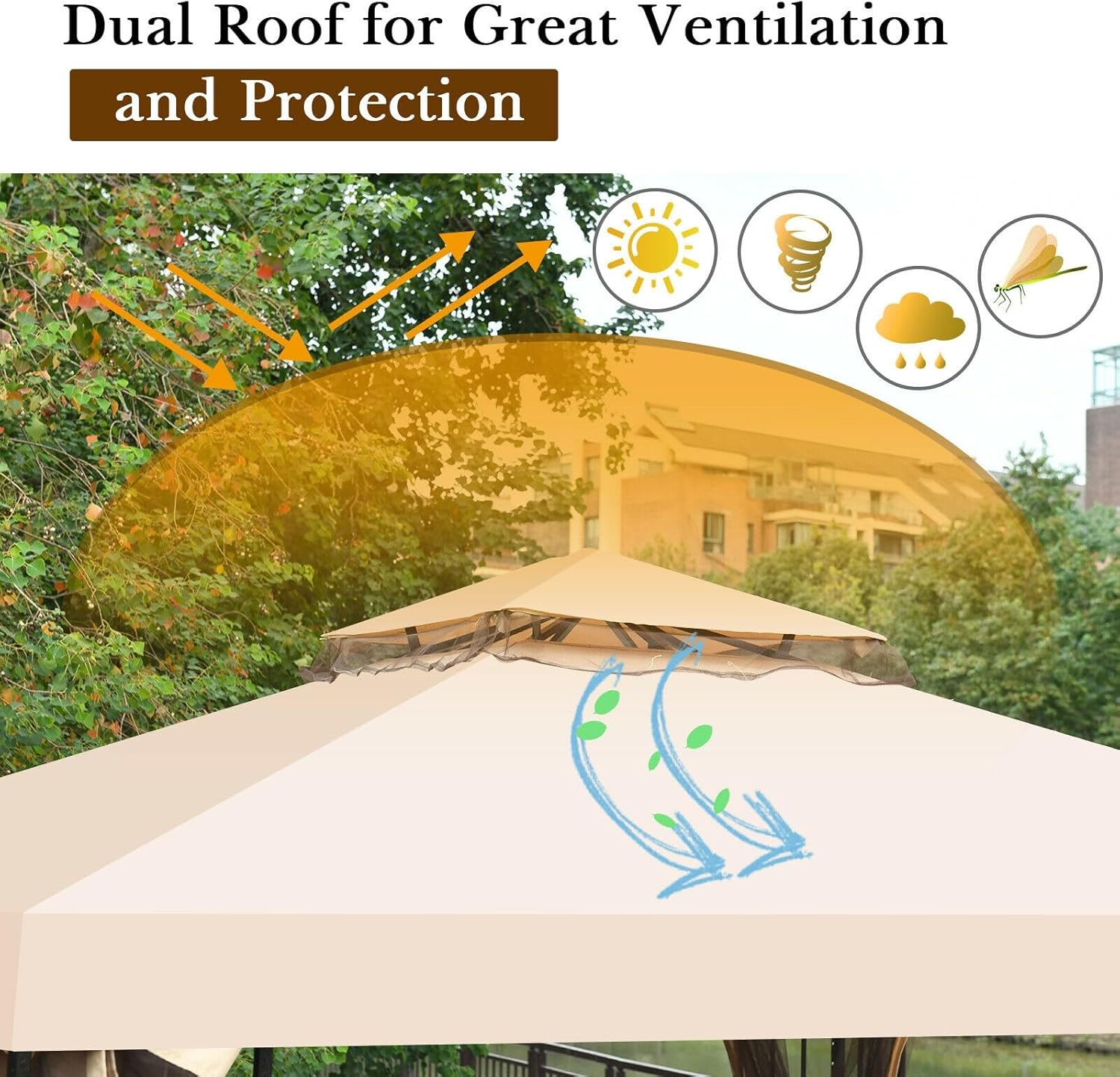 LAUSAINT HOME Outdoor Gazebo 10 x 10 FT, Steel Frame Garden Gazebo with Ventilated Double Roof & Mesh Netting, Patio Party Canopy Shelter for Backyard, Lawn & Deck, Khaki