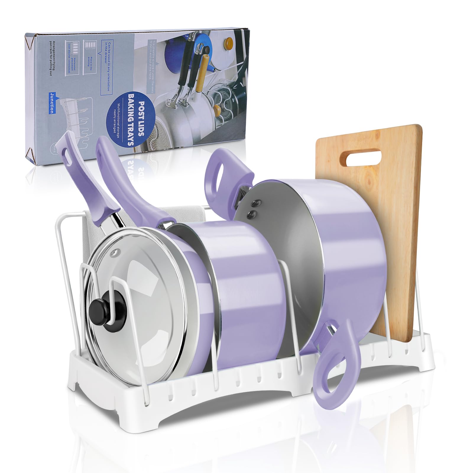 ZvonemaPot and Pan Organizer for Cabinet, Pan Rack with 5 Adjustable Compartments, Bakeware Pots and Pans Lid Holder for Kitchen Cabinet Pantry Storage, White