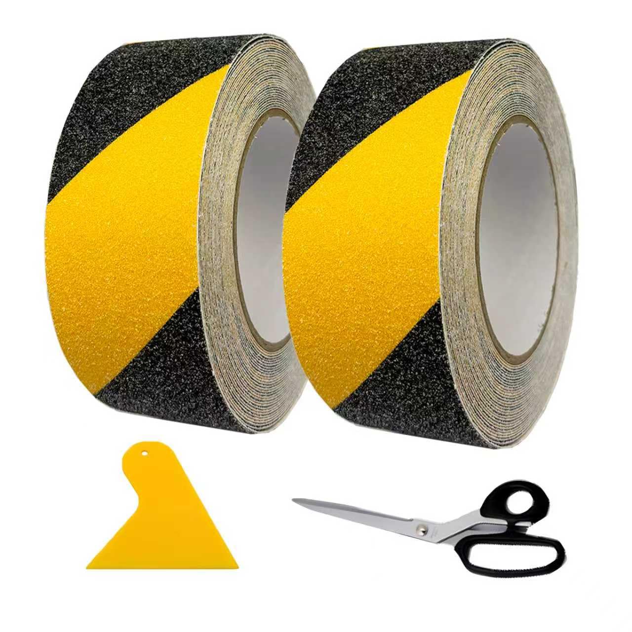 2 rollos de tiras antideslizantes, 50 mm x 10 m, con raspador y tijeras, cinta antideslizante para escalones antideslizantes en interiores y exteriores, color negro y amarillo