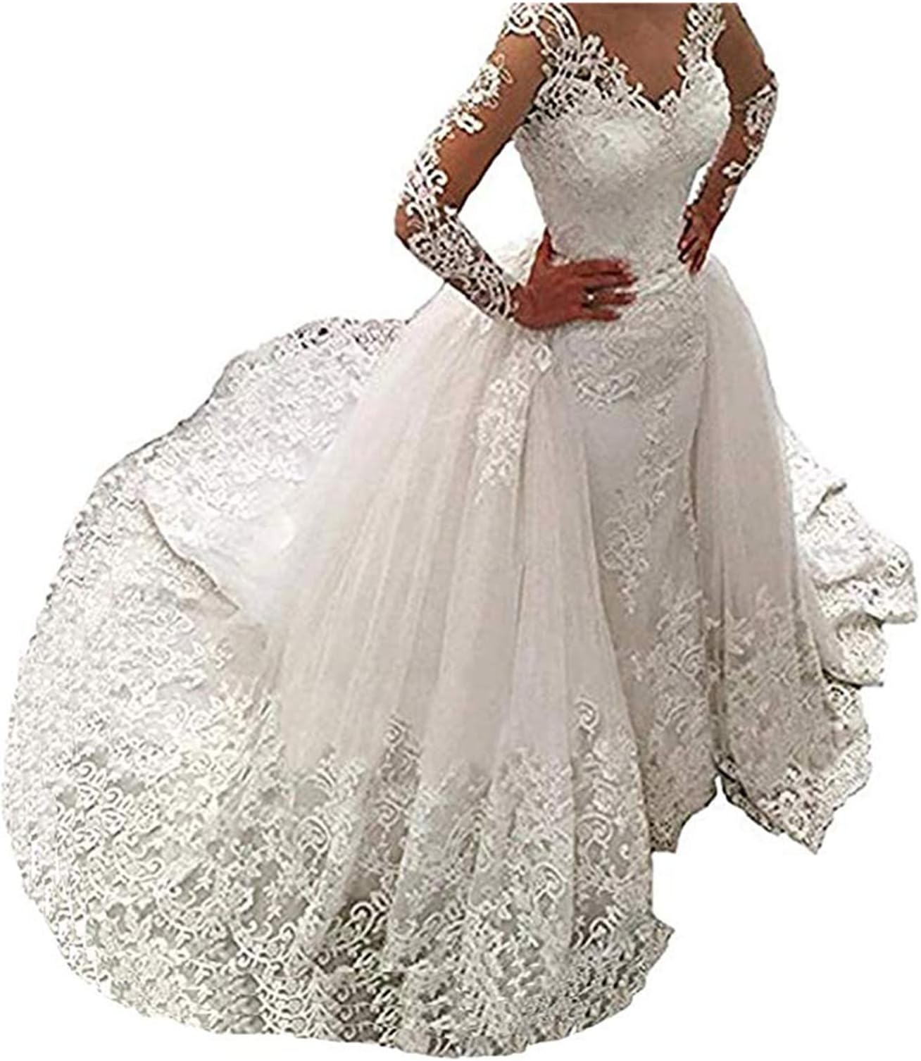 Women's Wedding Dress for Bride Mermaid Long Sleeve Lace Wedding Dress Bridal Gowns Detachable Train (White, 26W)