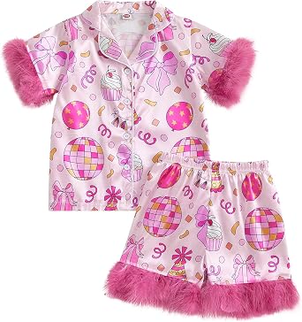 Kavousa Toddler Baby Girls Birthday Pajamas Goose Plaid Print Ruffle Shirt Top Shorts Little Girls Summer Sleepwear Outfits