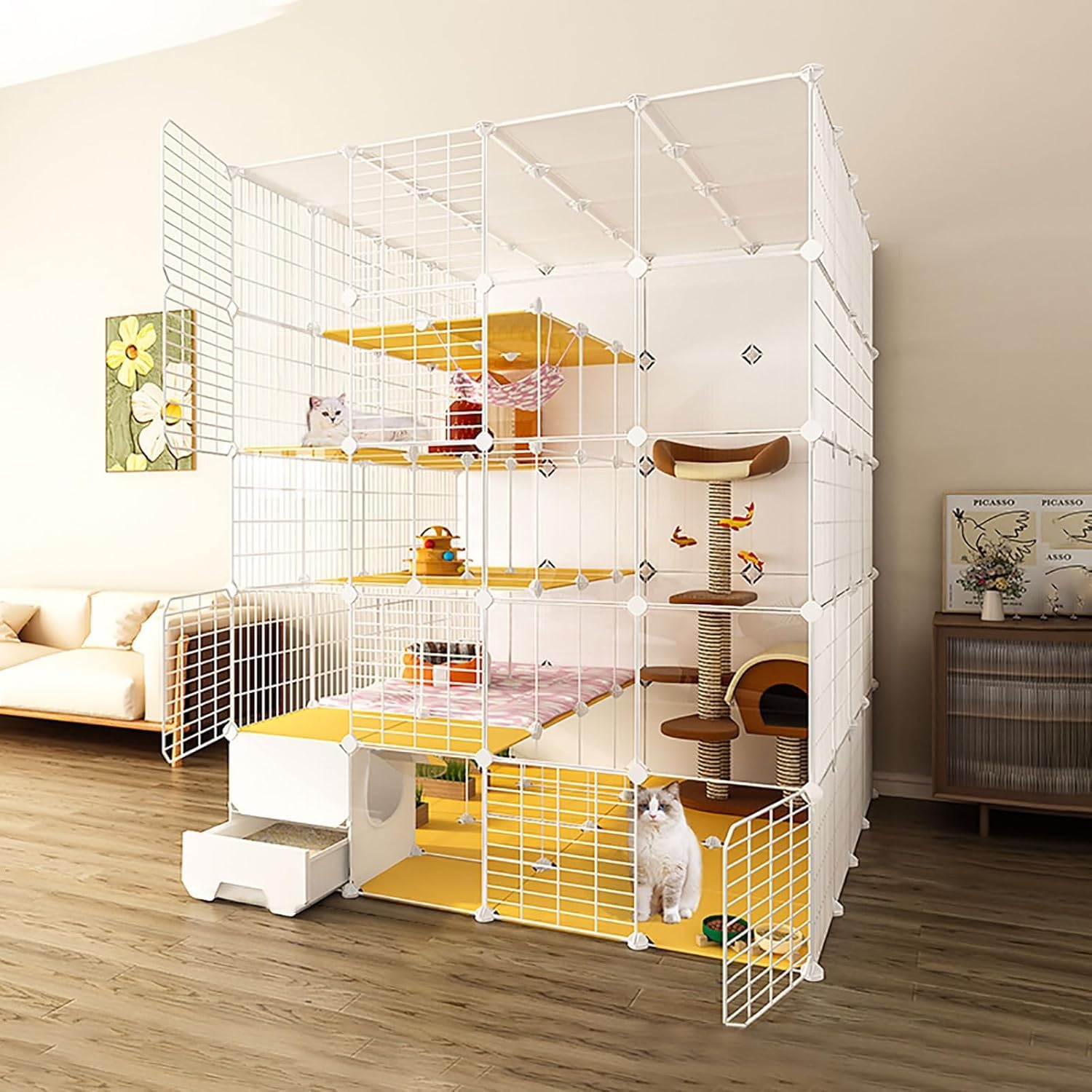 Parque de juegos para gatos, jaulas grandes para gatos en interiores, parque de juegos para gatos con caja de arena para gatos, jaulas de alambre de metal semicerradas y desmontables, recinto par