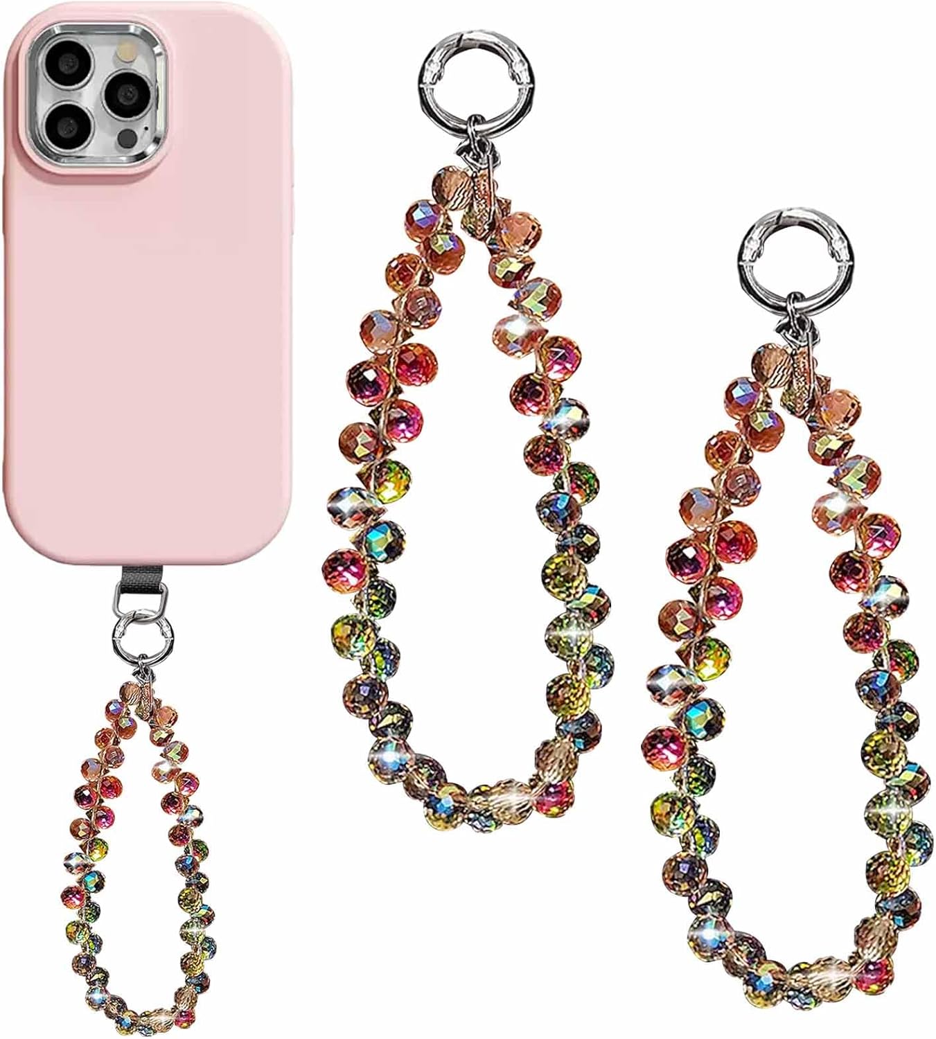 2 PCS Crystal Beaded Phone Wrist Strap Sparkling Phone Charm Chain Cellphone Lanyard Chain Detachable Beaded Keychain Multifunctional Keyring Key Storage Accessories Cute Wrist Grip Strap for Women