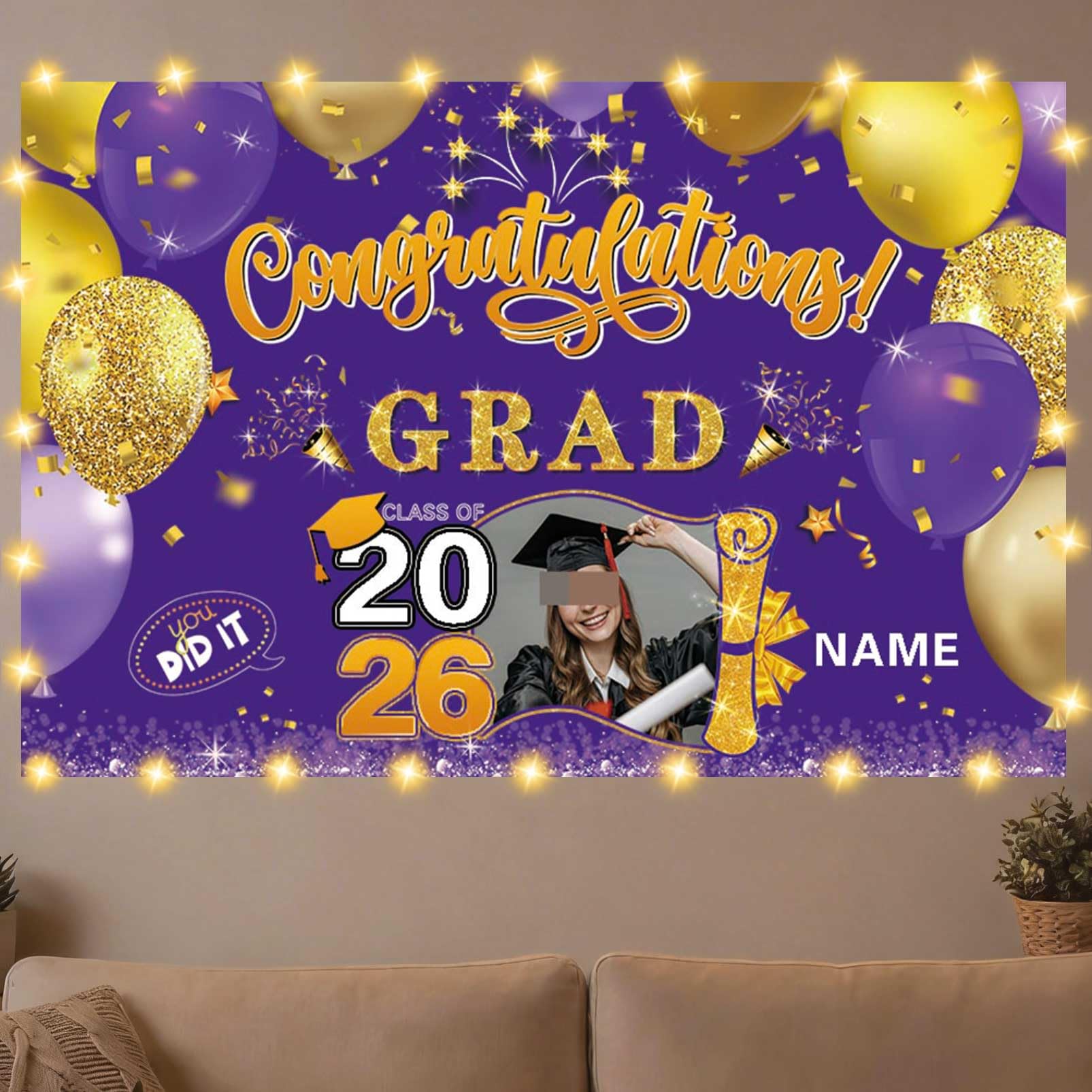 Dicodes Personalized Graduation Banner Custom Photo 2026 Congrats Grad Backdrop Party Supplies Decorations(A-Purple and Gold)